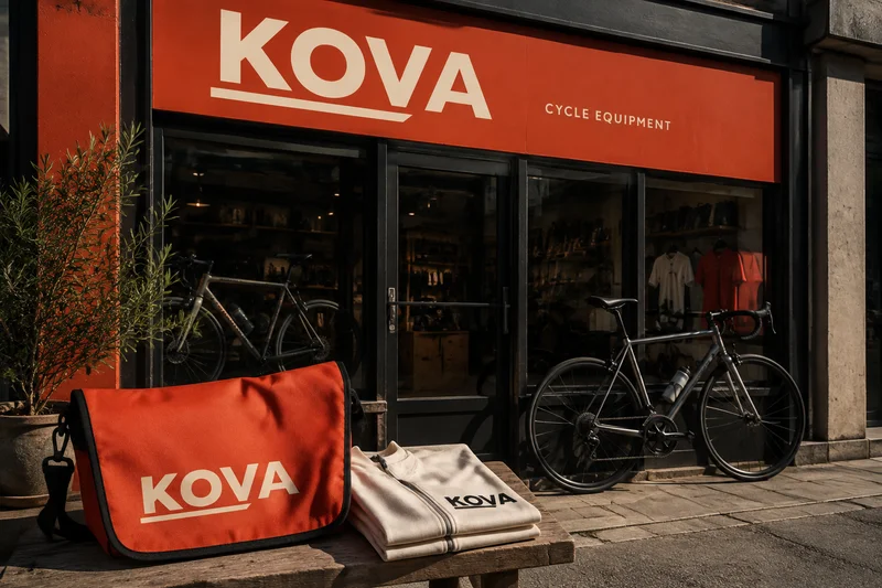 KOVA demo identity applied to a bold orange cycling brand