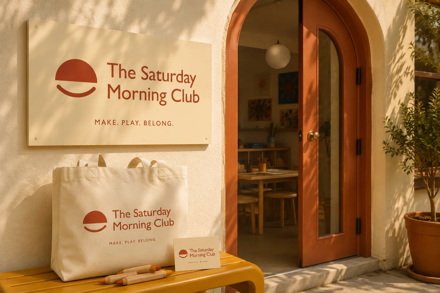 The Saturday Morning Club demo identity in a warm creative gathering space