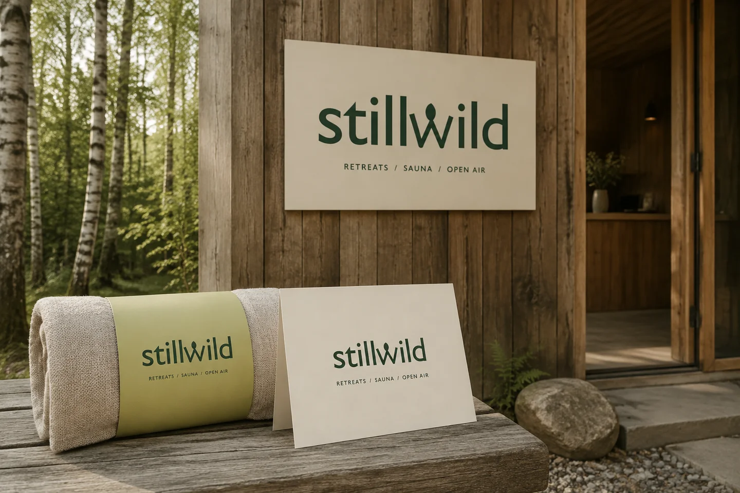Stillwild demo identity in a calm woodland retreat, with sign, towel wrap and printed card