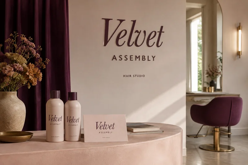 Velvet Assembly demo identity in a warm salon interior